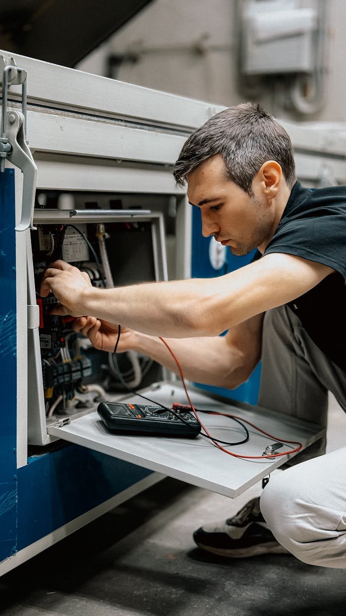gallery-4 Focused young technician inspecting and repairing machinery at work, ensuring optimal functionality.