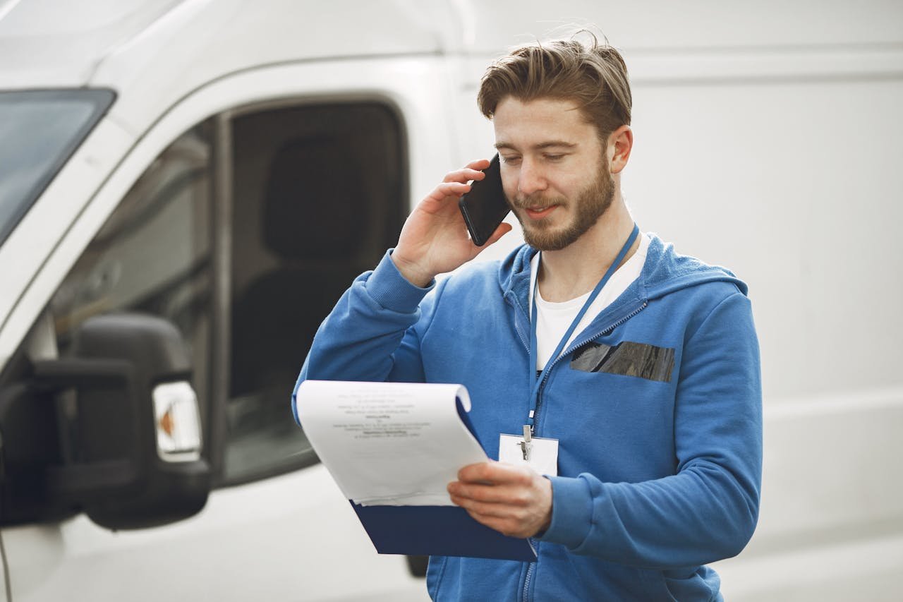 gallery-6 A delivery man in a blue hoodie makes a phone call while holding a clipboard, standing by a white van.
